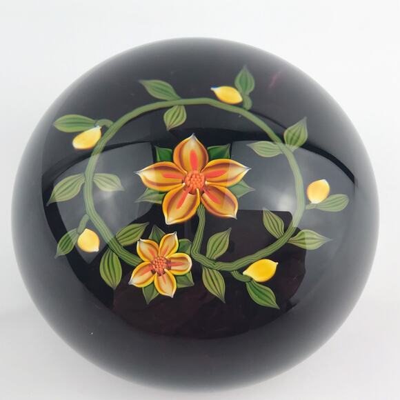 Perthshire 1999C Amber Flower Lampwork Garland Amethyst-Red Ground Paperweight - Picture 3 of 14